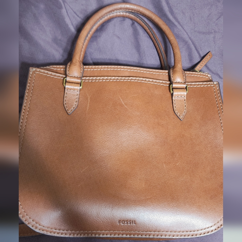 FOSSIL Ryder Top Handle Satchel Crossbody Bag Brown Leather Key Gold Hdw